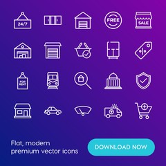 Modern Simple Set of transports, shopping, buildings Vector outline Icons. Contains such Icons as  architecture,  clock, car,  emergency and more on gradient background. Fully Editable. Pixel Perfect.