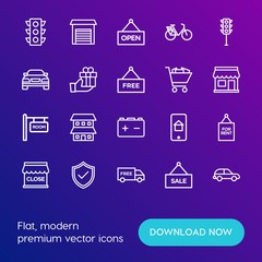 Modern Simple Set of transports, shopping, buildings Vector outline Icons. Contains such Icons as storage,  industry,  house, rent, home and more on gradient background. Fully Editable. Pixel Perfect.