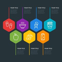 Flat geometric food, drinks, travel infographic steps template with 7 options for presentations, advertising, annual reports