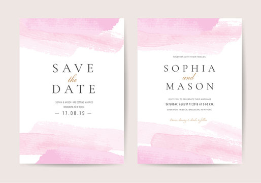 Luxury wedding invitation cards with pink watercolor texture vector design template