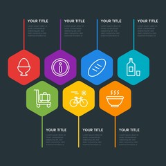 Flat geometric food, drinks, travel infographic steps template with 7 options for presentations, advertising, annual reports