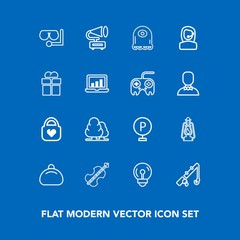 Modern, simple vector icon set on blue background with landscape, call, character, diving, fish, record, road, sound, mask, car, electric, metal, bag, sport, forest, vehicle, urban, alien, glass icons