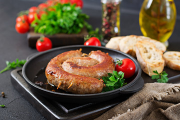 Homemade sausage barbecue. Picnic menu. Festive food