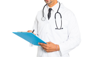 Close up of male medicine doctor writing on clipboard isolated on white background . Medical and healthcare concept