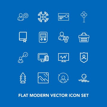 Modern, simple vector icon set on blue background with electric, internet, refresh, scenery, doctor, ventilator, travel, complete, tape, cooler, photo, music, quality, drone, card, fan, forest icons
