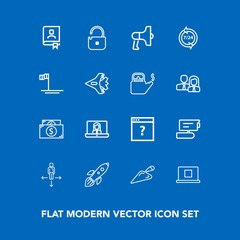 Modern, simple vector icon set on blue background with direction, help, view, support, unknown, space, megaphone, address, science, construction, web, travel, video, road, loudspeaker, speaker icons