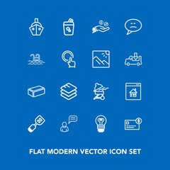 Modern, simple vector icon set on blue background with juice, barbecue, boat, vessel, summer, building, house, transport, credit, tool, balance, electricity, bulb, information, communication icons