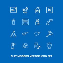 Modern, simple vector icon set on blue background with tag, sea, landscape, health, building, fish, food, weapon, summer, tree, light, business, purse, screwdriver, hammer, tool, sign, seafood icons