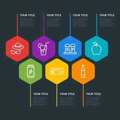 Flat geometric food, drinks, travel infographic steps template with 7 options for presentations, advertising, annual reports