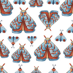 Seamless pattern with watercolor moths on white isolated background