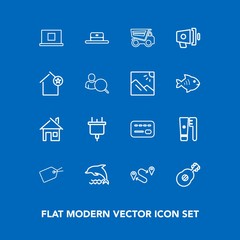 Modern, simple vector icon set on blue background with plug, health, tag, power, ocean, architecture, point, technology, building, electric, hat, truck, white, card, animal, wildlife, map, cap icons