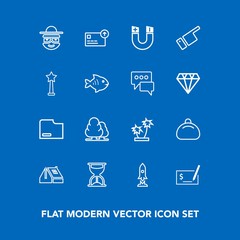 Modern, simple vector icon set on blue background with spaceship, forest, nature, hour, magnetic, home, business, house, style, bag, finance, tropical, check, tree, paper, sign, cartoon, file icons