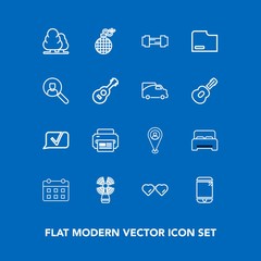 Modern, simple vector icon set on blue background with workout, location, bomb, fashion, cell, beacon, glasses, landscape, power, tree, bed, schedule, sunglasses, double, sport, fire, fitness icons