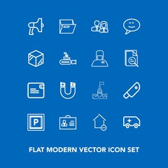 Modern, simple vector icon set on blue background with dollar, woman, field, apartment, medieval, food, person, house, property, science, business, tower, paper, home, pole, office, purse, money icons