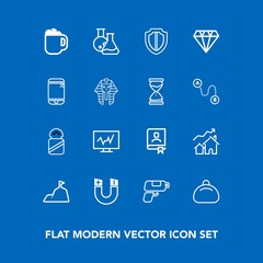 Modern, simple vector icon set on blue background with medicine, object, salt, home, white, shield, laboratory, cup, coffee, real, pole, protection, leather, bag, pistol, increase, spice, doctor icons