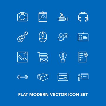 Modern, simple vector icon set on blue background with photo, creative, card, picture, package, film, frame, checklist, credit, handle, idea, scenery, photography, delivery, shop, drawer, buy icons