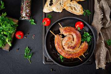 Homemade sausage barbecue. Picnic menu. Festive food.Top view. Flat lay.