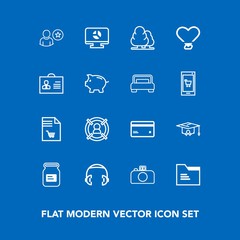 Modern, simple vector icon set on blue background with university, headphone, blank, target, customer, photography, forest, profile, plastic, office, container, notebook, market, chart, business icons