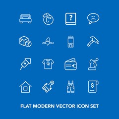Fototapeta na wymiar Modern, simple vector icon set on blue background with paintbrush, event, uniform, temperature, double, purse, background, print, sale, bed, scale, space, estate, book, finance, house, wear icons