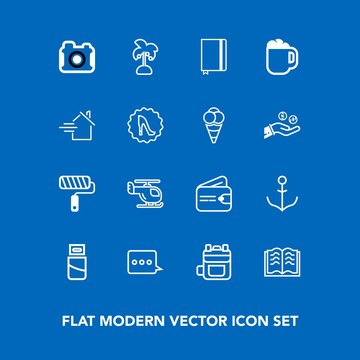 Modern, simple vector icon set on blue background with money, plug, helm, nautical, page, cash, leaf, technology, palm, paint, bag, photography, computer, ship, book, purse, rucksack, roll, air icons