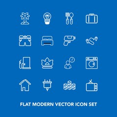 Modern, simple vector icon set on blue background with petrol, equipment, lightbulb, warehouse, gasoline, house, screen, royal, king, spoon, industrial, laundry, clock, gas, electric, leaf, fuel icons