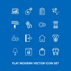 Modern, simple vector icon set on blue background with success, musical, transport, home, guitar, exit, chart, computer, award, electricity, house, screen, list, sign, bus, online, win, mark icons