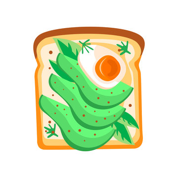 Toasted bread slice with avocado and boiled egg. Healthy and tasty breakfast. Flat vector design for cafe or restaurant menu