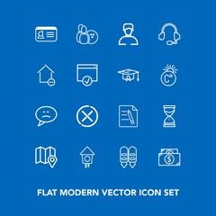Modern, simple vector icon set on blue background with birdhouse, document, ball, money, message, technology, cash, travel, name, business, , no, sand, home, map, game, paper, currency, sign, id icons