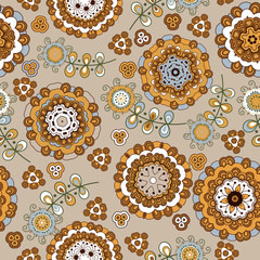 Embroidery flowers,  and leaves seamless pattern. Imitation of children's drawing.  Fashionable design of clothing patterns.  Endless texture. 
