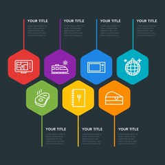 Flat geometric food, drinks, travel infographic steps template with 7 options for presentations, advertising, annual reports