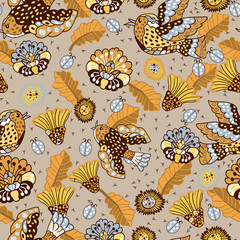 Embroidery flowers, birds and leaves seamless pattern. Imitation of children's drawing.  Fashionable design of clothing patterns.  Endless texture. 
