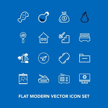 Modern, simple vector icon set on blue background with fast, communication, message, flight, meal, skater, extreme, equipment, antenna, blank, email, gun, panzer, document, aircraft, board, tank icons