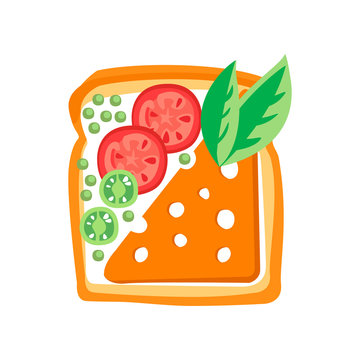 Toasted bread slice with butter, cheese, tomatoes, cucumbers and basil leaves. Delicious snack for breakfast. Flat vector design