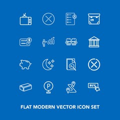 Modern, simple vector icon set on blue background with construction, human, tool, television, vehicle, technology, road, tv, finance, web, buy, investment, job, professional, checklist, money icons