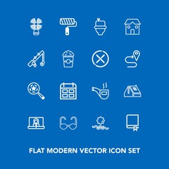 Modern, simple vector icon set on blue background with call, video, internet, toilet, sunrise, nature, vintage, study, morning, seamark, search, sea, house, library, classic, education, roof icons