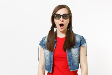 Portrait of young shocked attractive brunette woman with opened mouth in 3d glasses and casual clothes watching movie, film isolated in studio on white background. Emotions in cinema concept.