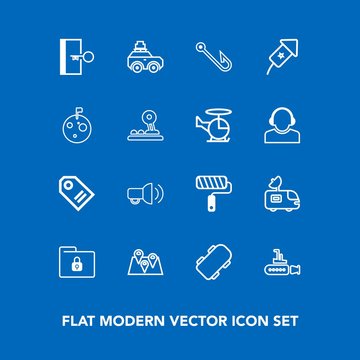 Modern, simple vector icon set on blue background with lock, ocean, skateboard, security, sea, travel, fishing, hook, safety, skate, satellite, communication, bag, road, megaphone, boat, sale icons