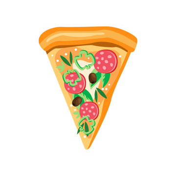 Triangle pizza slice with pepperoni, pepper, olives, mozzarella and basil leaves. Fast food theme. Flat vector icon