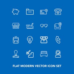 Modern, simple vector icon set on blue background with storage, light, double, office, downstairs, communication, bedroom, telephone, technology, home, cash, up, document, folder, bed, bank, bag icons