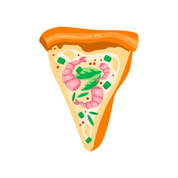 Triangle pizza slice with shrimps, basil leaves, mozzarella cheese and condiments. Fast food. Flat vector design for cafe or pizzeria menu
