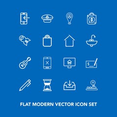 Modern, simple vector icon set on blue background with real, subscription, musical, check, arrow, navy, pin, property, location, pen, coaxial, guitar, internet, estate, captain, write, music icons