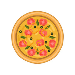 Freshly baked pizza with tomato, basil and olives, top view vector Illustration on a white background