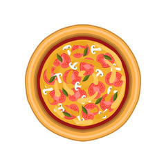 Vegetarian pizza with tomato, mushroom and basil, freshly baked pizza, top view vector Illustration on a white background.