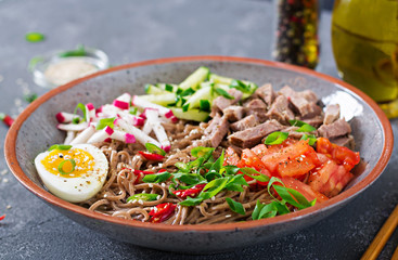 Buckwheat noodles  with beef, eggs and vegetables. Korean food.  Buckwheat pasta soup.