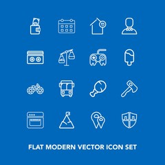 Modern, simple vector icon set on blue background with cooking, wallet, pin, protect, screwdriver, dollar, security, chicken, timetable, axe, nature, protection, business, equipment, kitchen icons