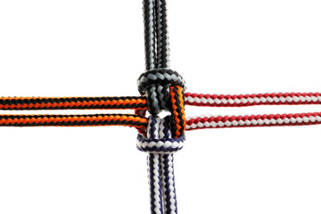 Colorful ropes tied together on white background. Unity concept