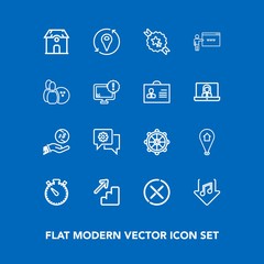 Modern, simple vector icon set on blue background with wheel, map, home, sign, finance, timer, mobile, location, architecture, investment, ribbon, upstairs, ship, ball, up, estate, clock, cancel icons