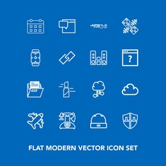 Modern, simple vector icon set on blue background with airplane, aircraft, folder, flight, beauty, protection, plane, internet, technology, fashion, red, ball, message, schedule, communication icons