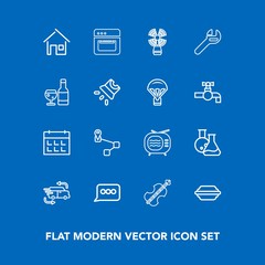 Modern, simple vector icon set on blue background with equipment, oven, chat, fast, music, transportation, house, time, day, technology, burger, lettuce, business, kitchen, schedule, sea, video icons