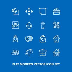 Modern, simple vector icon set on blue background with box, upstairs, home, announcement, downstairs, web, measurement, people, arrow, paper, bag, present, business, healthcare, building, staff icons